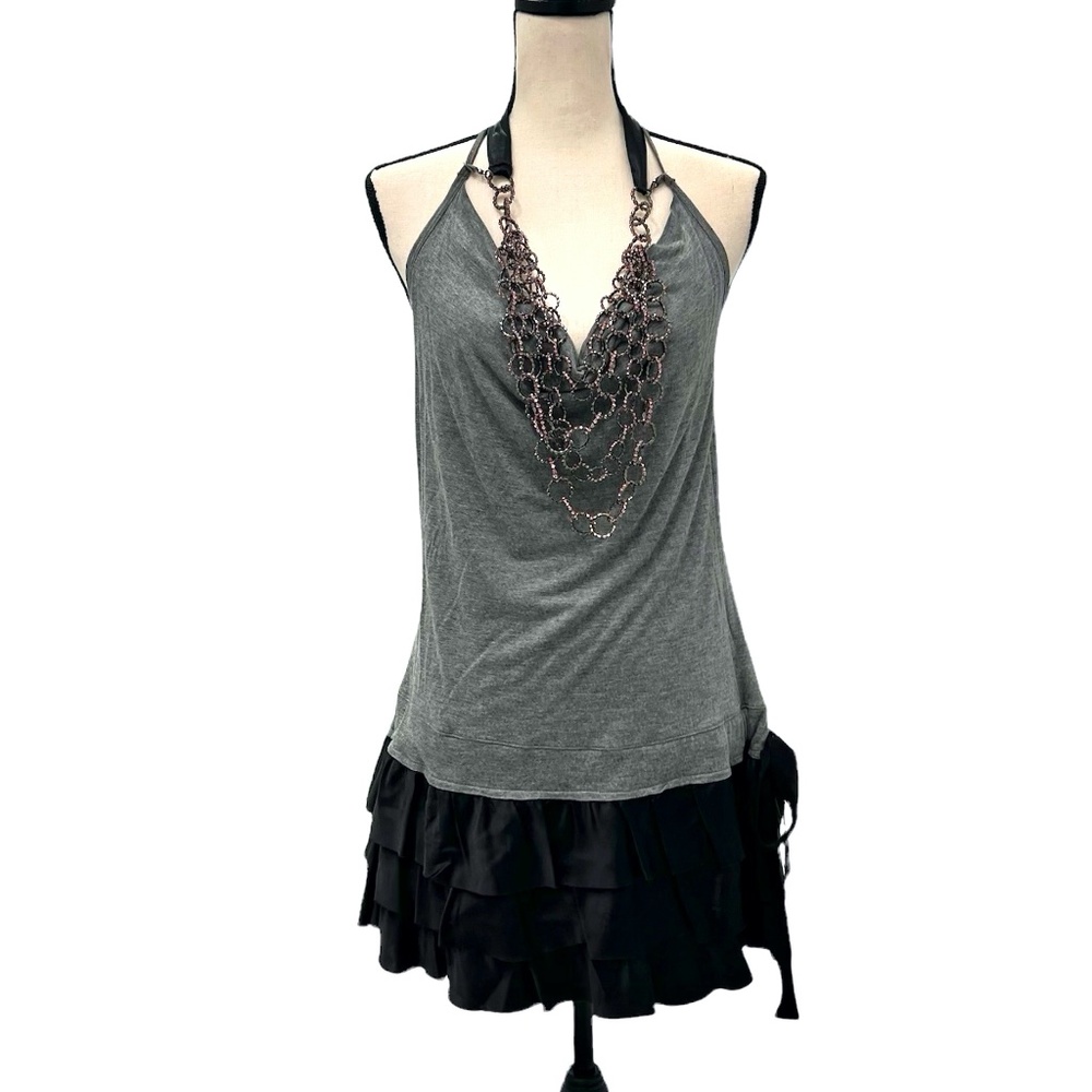 YOUNG, FABULOUS & BROKE COWL NECK T-SHIRT & SILK RUFFLE DRESS W CRYSTAL NECKLACE